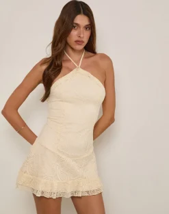 Nairi Halterneck Mini Dress in Lace Cream