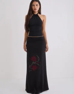 Naisra Maxi Skirt in Cupro Diamante Flower Black