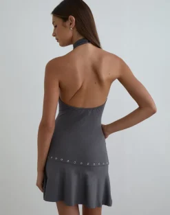 Nakime Halter Mini Dress with Eyelets in Jersey Charcoal Grey
