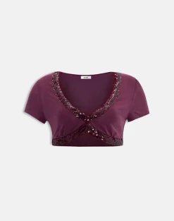 Nako Bolero Top in Cupro Deep Purple with Sequin Trim