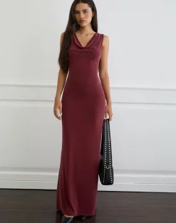 Namra Cowl Neck Maxi Dress in Cupro Burgundy