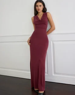 Namra Cowl Neck Maxi Dress in Cupro Burgundy