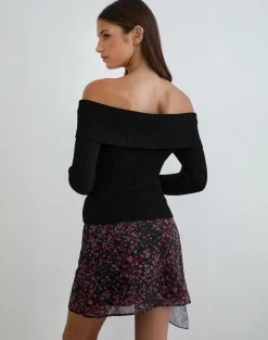 Naru Mini Skirt in Chiffon Scattered Floral Black and Red