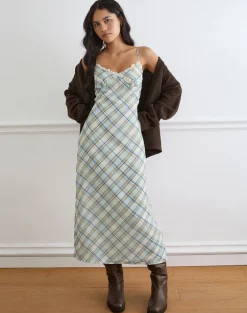 Naska Maxi Dress in Chiffon Vintage Blue Check