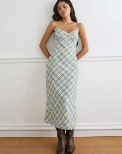 Naska Maxi Dress in Chiffon Vintage Blue Check