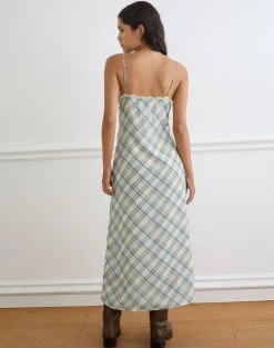 Naska Maxi Dress in Chiffon Vintage Blue Check