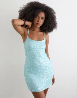 Nataru Mini Dress in Net Sequin Blue