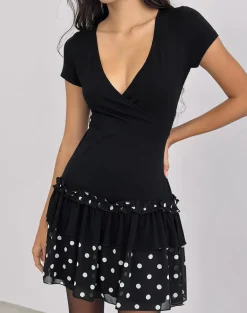 Navya Wrap Mini Dress in Polka Black and White