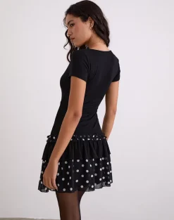 Navya Wrap Mini Dress in Polka Black and White