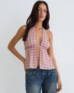 Nayu Halterneck Top in Blurred Check Pink and Green