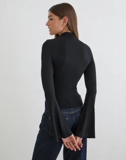 Nell High Neck Long Sleeve Top in Rayon Jersey Black