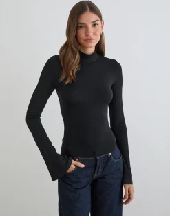 Nell High Neck Long Sleeve Top in Rayon Jersey Black