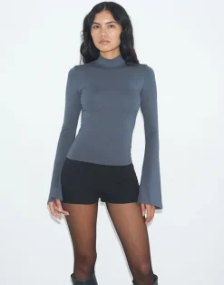 Nell High Neck Long Sleeve Top in Jersey Ocean Storm