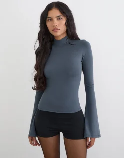 Nell High Neck Long Sleeve Top in Jersey Ocean Storm