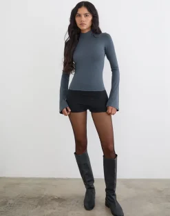 Nell High Neck Long Sleeve Top in Jersey Ocean Storm