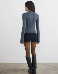 Nell High Neck Long Sleeve Top in Jersey Ocean Storm
