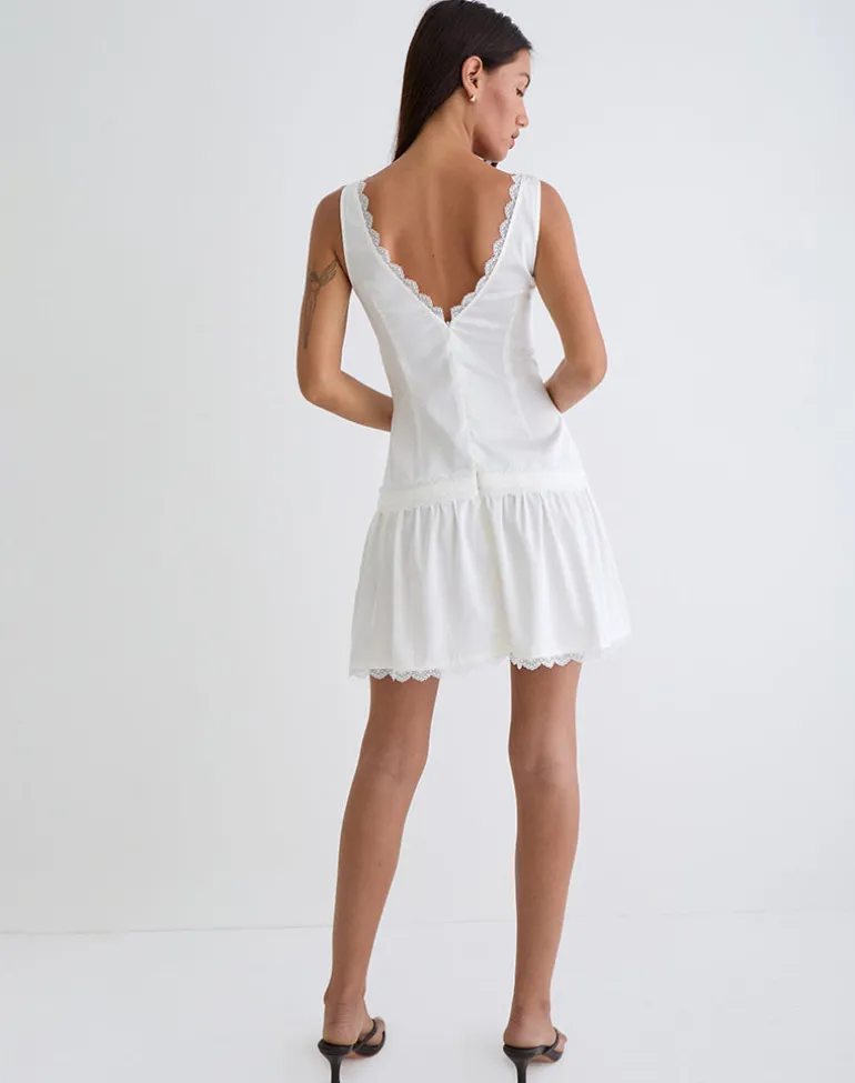 Nesha Ruffle Satin Mini Dress in White