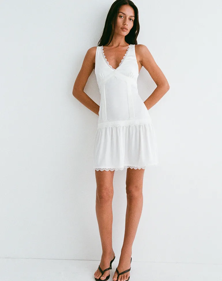 Nesha Ruffle Satin Mini Dress in White
