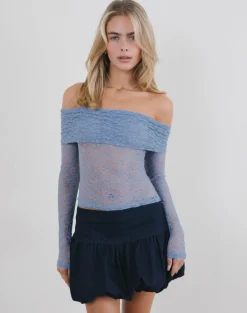 Nesta Bardot Top in Unlined Lace Blue
