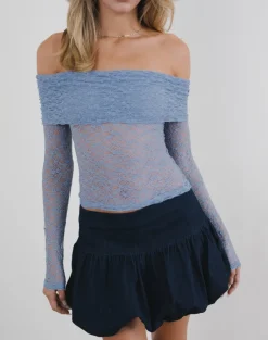 Nesta Bardot Top in Unlined Lace Blue
