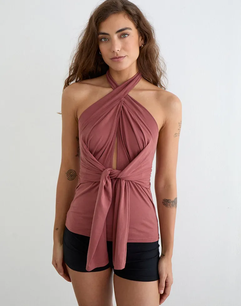 Nezuko Multi Tie Long Sleeve Top in Cupro Dark Rose