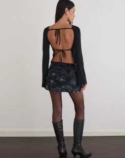 Nidya Mini Skirt in Leaf Velvet Dark Blue