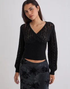 Nilara Wrap Top in Pointelle Knit Black