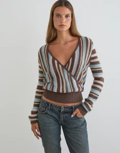 Nilza Wrap Top in Knit Stripe Brown
