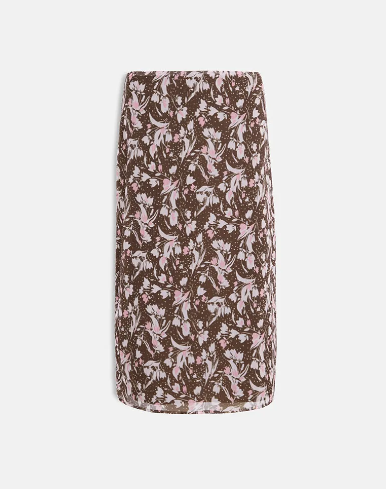 Nimas Midi Skirt in Brown and Pink Polka Flower Chiffon