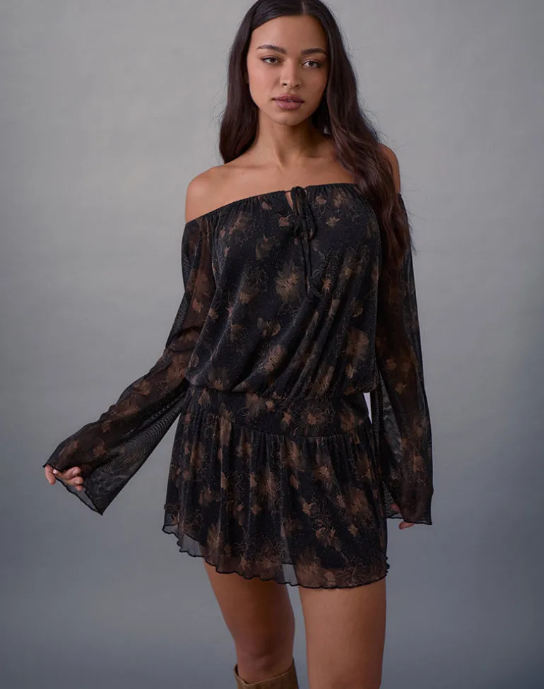 Nisha Long Sleeve Mini Dress in Black with Bronze Shimmer