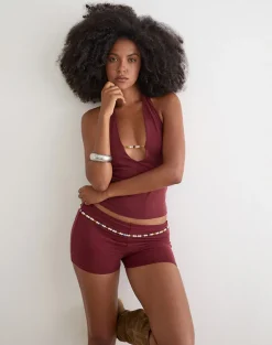 Nissa Short with Pearl Trim in Cupro Burgundy