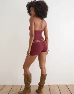 Nissa Short with Pearl Trim in Cupro Burgundy