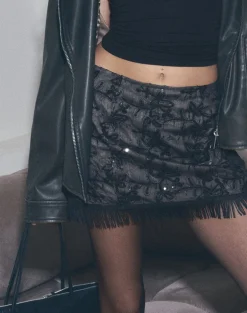 Nivia Mini Skirt in Tassle Floral Chiffon Sequin Black