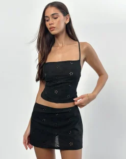 Nobita Cami Top in Flower Broderie Black
