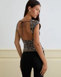 Noera Backless Top in Leopard Sequin Brown