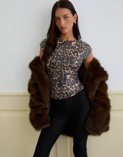 Noera Backless Top in Leopard Sequin Brown