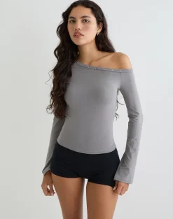 Noraba One Shoulder Top in Grey with Eyelets