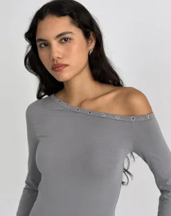 Noraba One Shoulder Top in Grey with Eyelets
