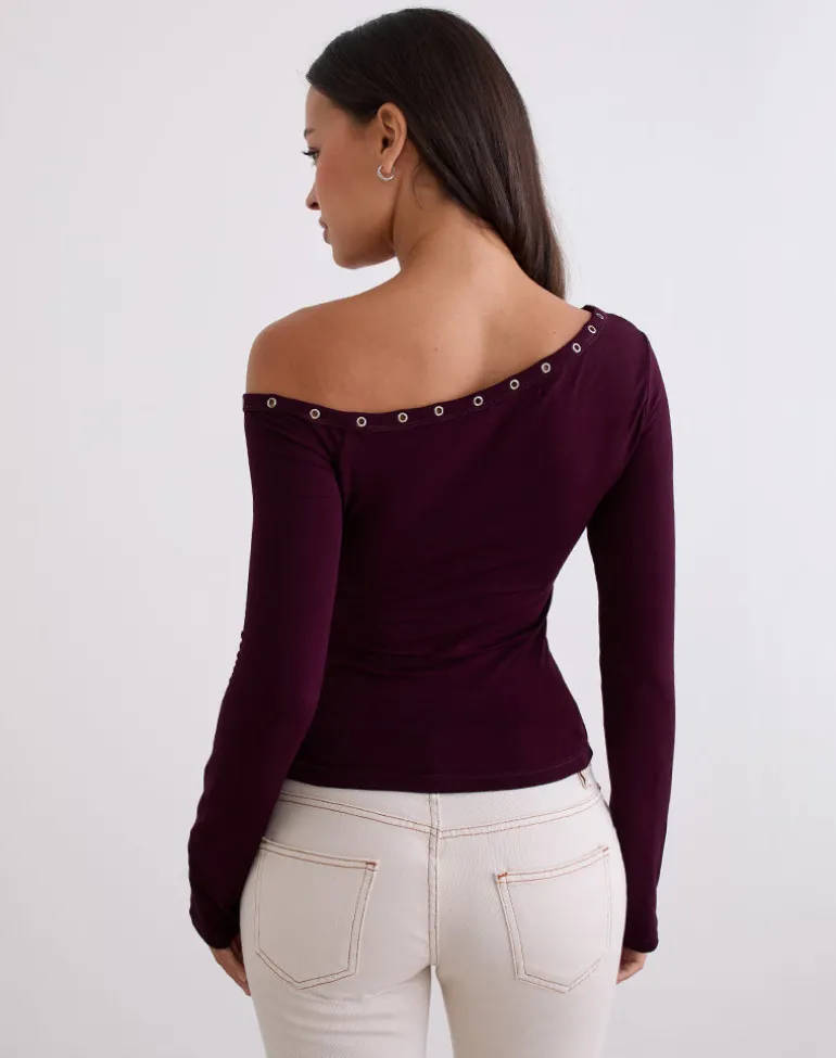 Noraba One Shoulder Top in Red Wood with Eyelets