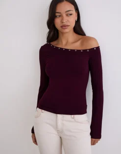 Noraba One Shoulder Top in Red Wood with Eyelets