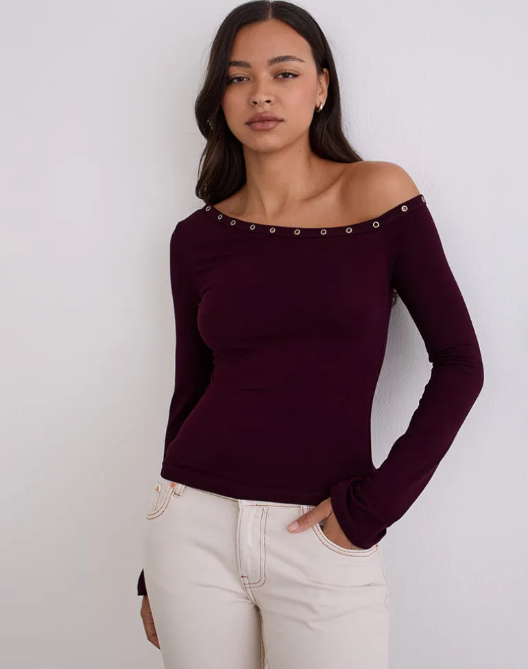 Noraba One Shoulder Top in Red Wood with Eyelets