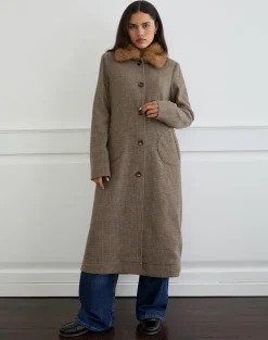 Norciel Longline Coat in Check Brown with Fur Collar