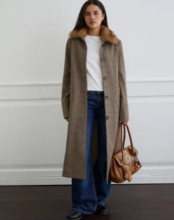Norciel Longline Coat in Check Brown with Fur Collar