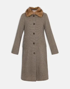 Norciel Longline Coat in Check Brown with Fur Collar