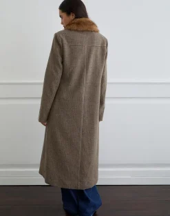 Norciel Longline Coat in Check Brown with Fur Collar