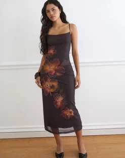 Nori Midi Dress in Brown with Orange Vibrant Lotus Print