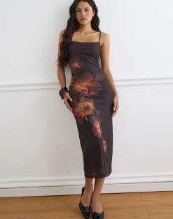 Nori Midi Dress in Brown with Orange Vibrant Lotus Print