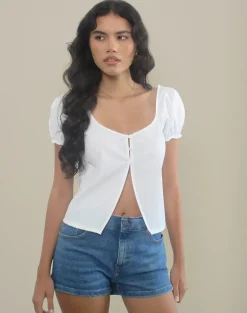 Norya Puff Sleeve Top in Poplin White