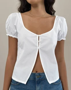 Norya Puff Sleeve Top in Poplin White