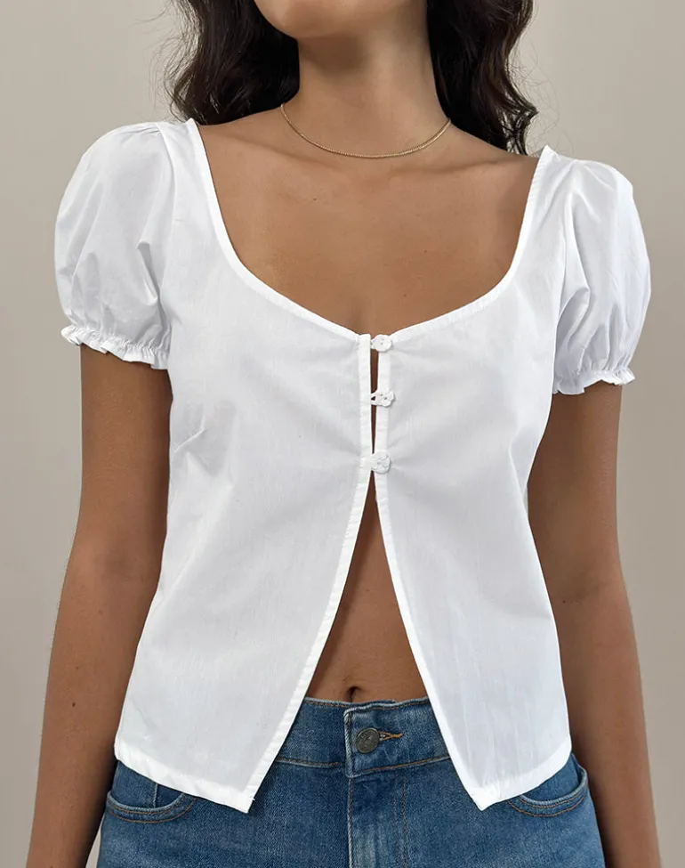 Norya Puff Sleeve Top in Poplin White
